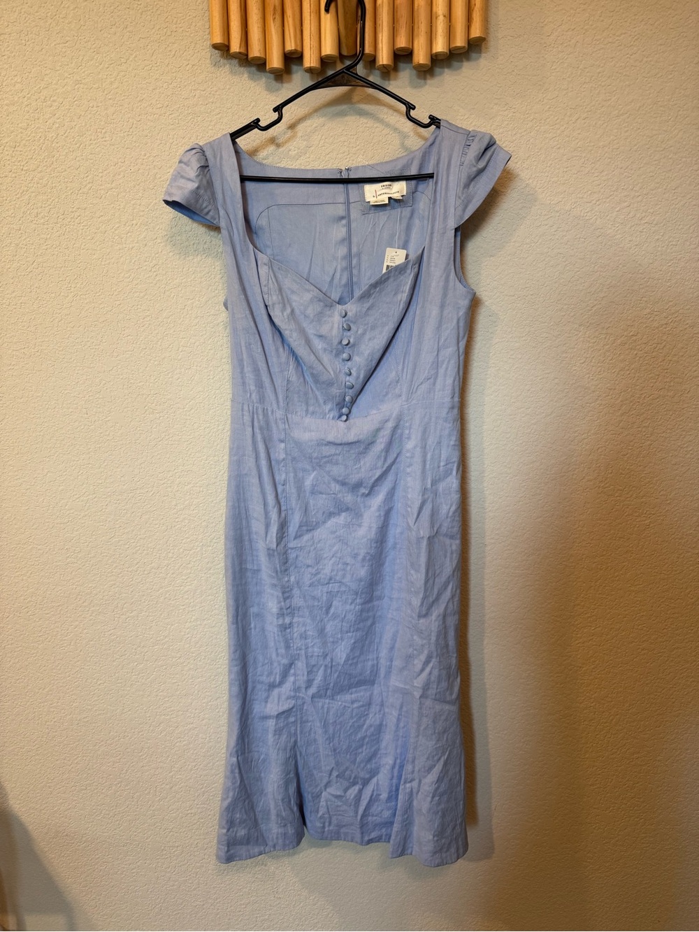 Anthropologie Light Blue Midi Dress Size M| Cap Sleeve Fitted Linen Blend NWT - Picture 2 of 11